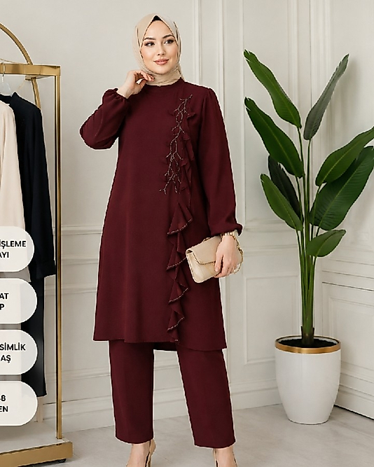 Bordo Önü Fırfırlı Takım